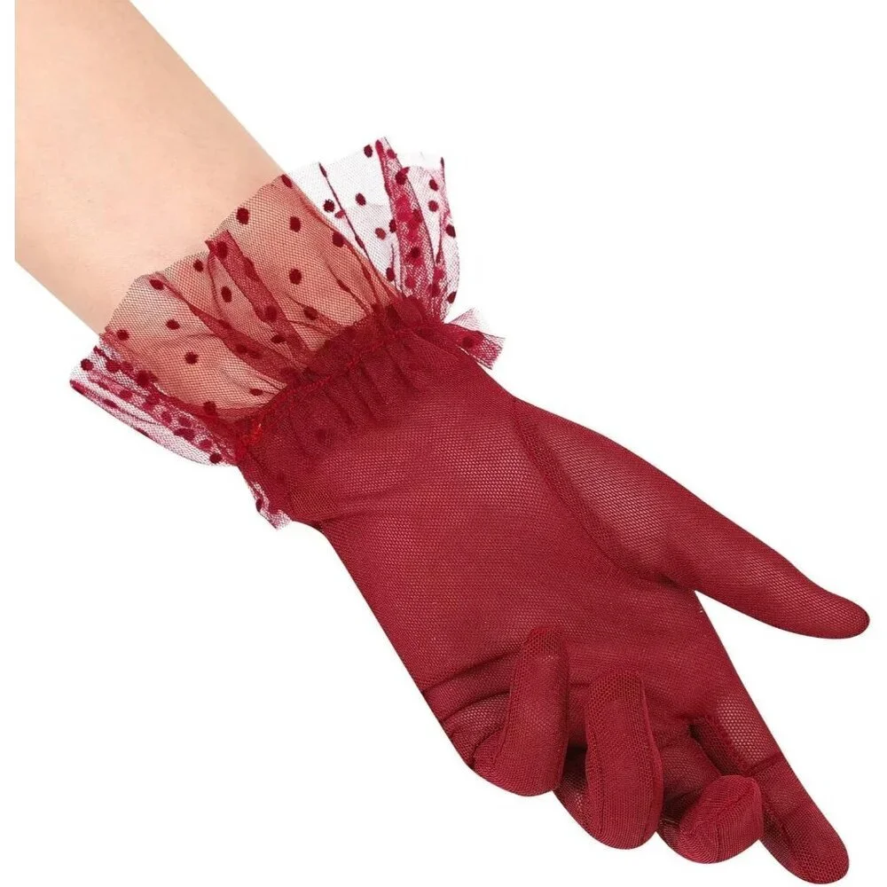 Women's Short Lace Burgundy Sheer Mesh Tea Party Prom Gloves Banquet Costume